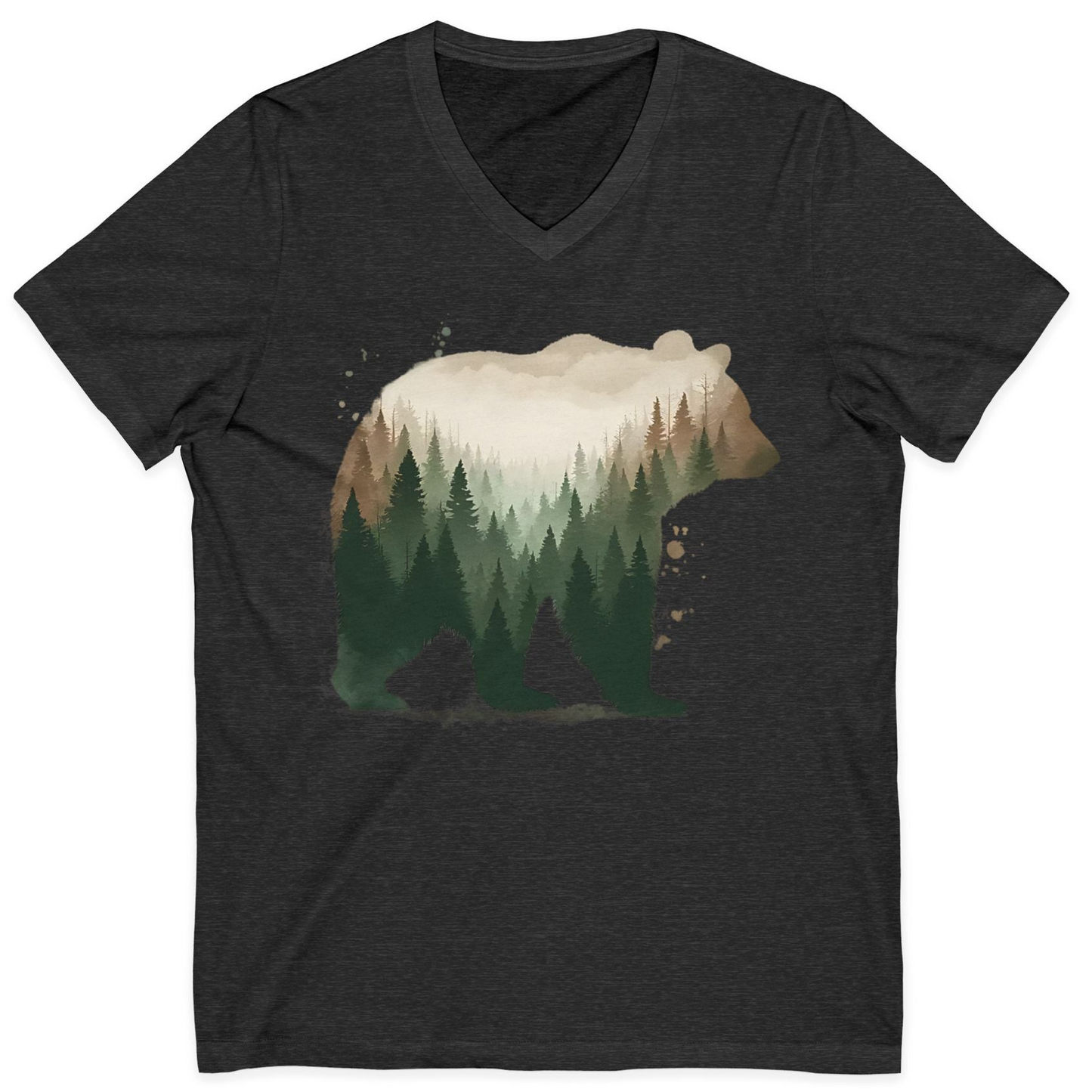 Double Exposure Bear Forest Shirt V-Neck Shirt – Dark Grey Heather – Alaska Cruise Shirts