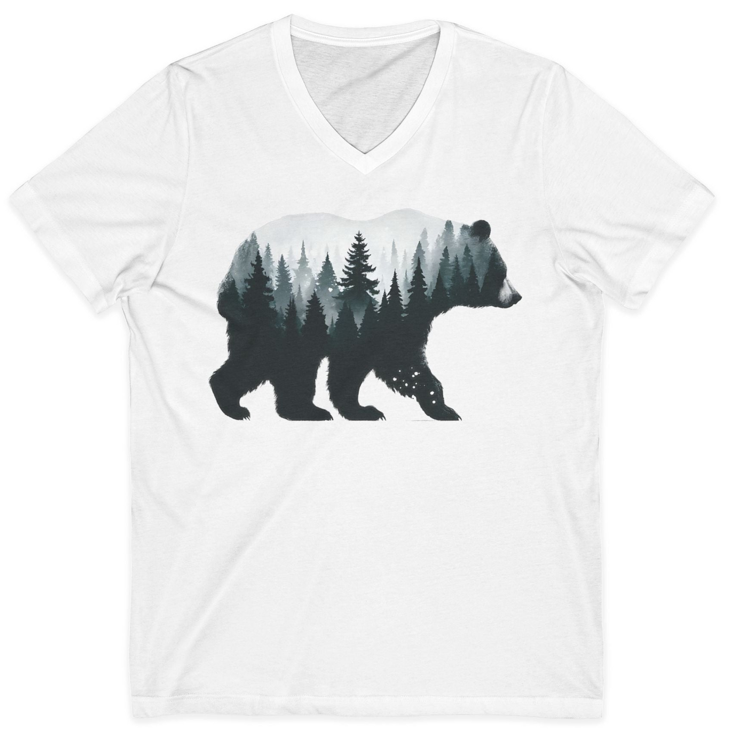 Double Exposure Bear Forest Silhouette Wilderness Shirt for Nature Lovers — V-Neck V-Neck Shirt – White – Alaska Cruise Shirts