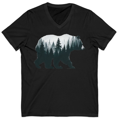 Double Exposure Bear Forest Silhouette Wilderness Shirt for Nature Lovers — V-Neck V-Neck Shirt – Black – Alaska Cruise Shirts