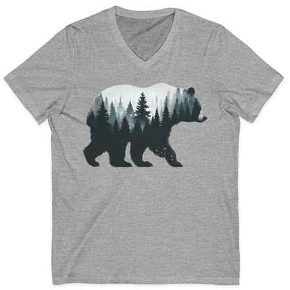 Double Exposure Bear Forest Silhouette Wilderness Shirt for Nature Lovers — V-Neck V-Neck Shirt – Athletic Heather – Alaska Cruise Shirts