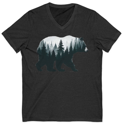 Double Exposure Bear Forest Silhouette Wilderness Shirt for Nature Lovers — V-Neck V-Neck Shirt – Dark Grey Heather – Alaska Cruise Shirts