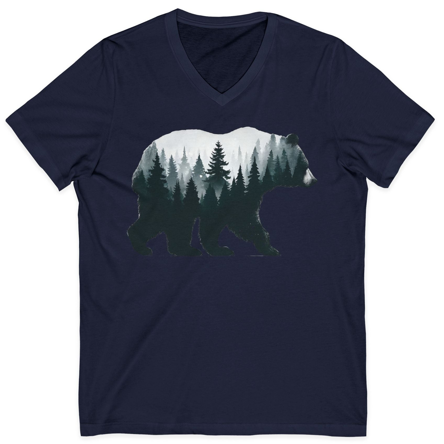 Double Exposure Bear Forest Silhouette Wilderness Shirt for Nature Lovers — V-Neck V-Neck Shirt – Navy – Alaska Cruise Shirts