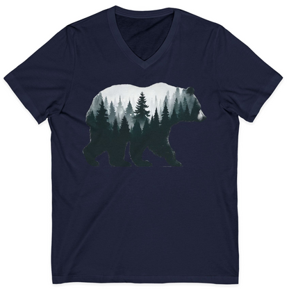 Double Exposure Bear Forest Silhouette Wilderness Shirt for Nature Lovers — V-Neck V-Neck Shirt – Navy – Alaska Cruise Shirts