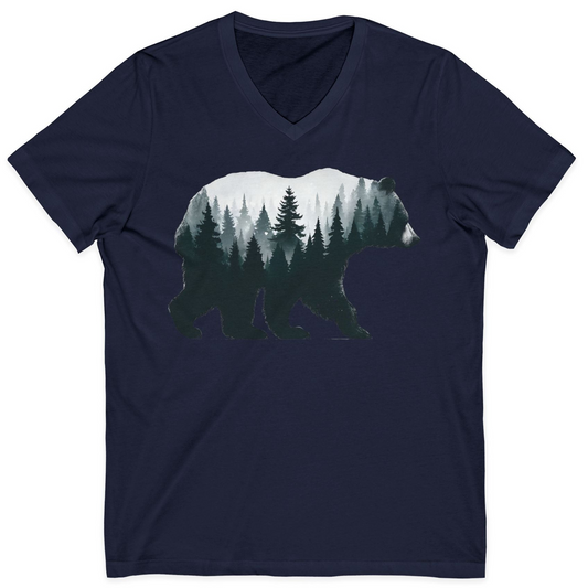 Double Exposure Bear Forest Silhouette Wilderness Shirt for Nature Lovers — V-Neck V-Neck Shirt – Navy – Alaska Cruise Shirts