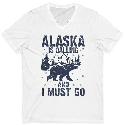 Alaska Is Calling Bear Mountain Wilderness Adventure Vintage Shirt — V-Neck V-Neck Shirt – White – Alaska Cruise Shirts