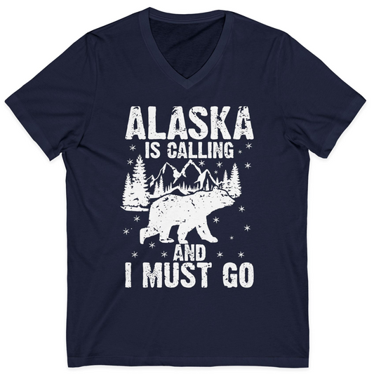 Alaska Is Calling Bear Mountain Wilderness Adventure Vintage Shirt — V-Neck V-Neck Shirt – Navy – Alaska Cruise Shirts