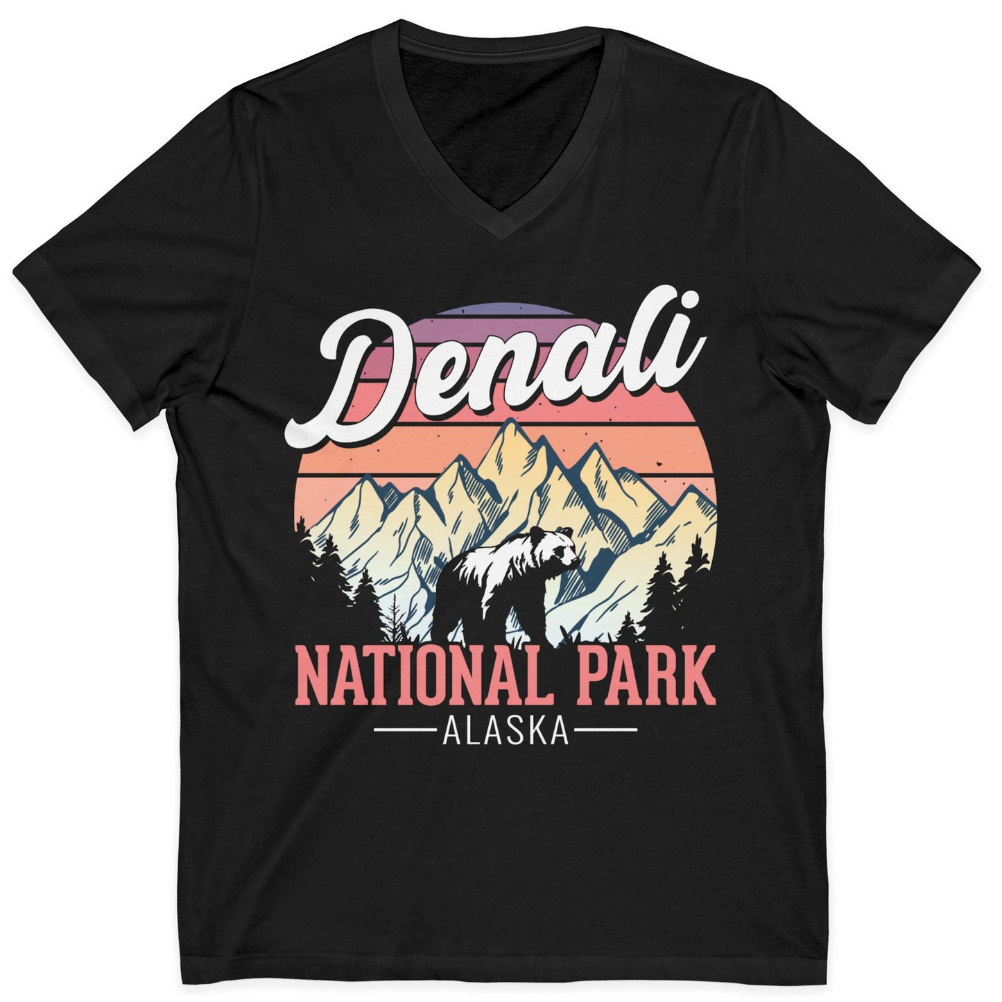 Retro Denali National Park Alaska Bear Mountains Vintage Shirt — V-Neck V-Neck Shirt – Black – Alaska Cruise Shirts