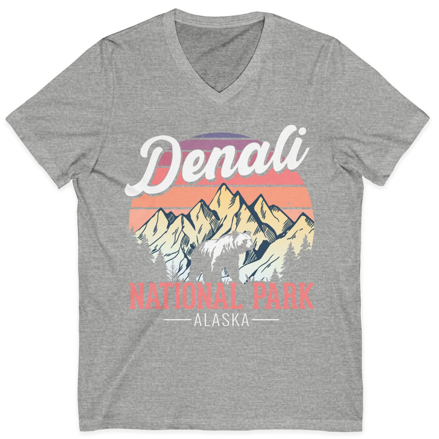 Retro Denali National Park Alaska Bear Mountains Vintage Shirt — V-Neck V-Neck Shirt – Athletic Heather – Alaska Cruise Shirts