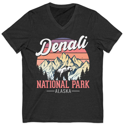 Retro Denali National Park Alaska Bear Mountains Vintage Shirt — V-Neck V-Neck Shirt – Dark Grey Heather – Alaska Cruise Shirts