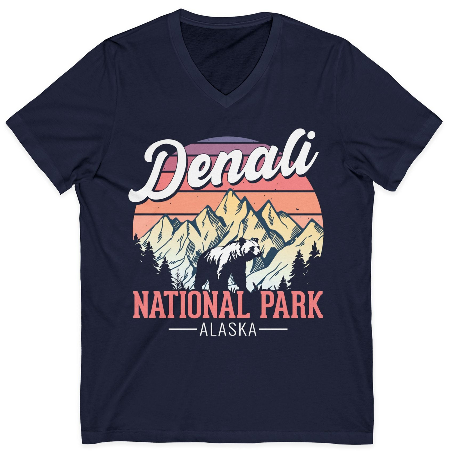 Retro Denali National Park Alaska Bear Mountains Vintage Shirt — V-Neck V-Neck Shirt – Navy – Alaska Cruise Shirts