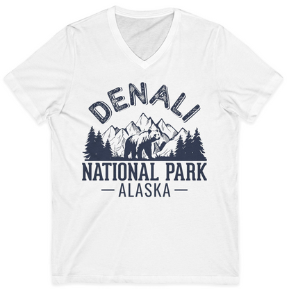 Denali National Park Bear Mountains Vintage Alaska Nature Shirt — V-Neck V-Neck Shirt – White – Alaska Cruise Shirts