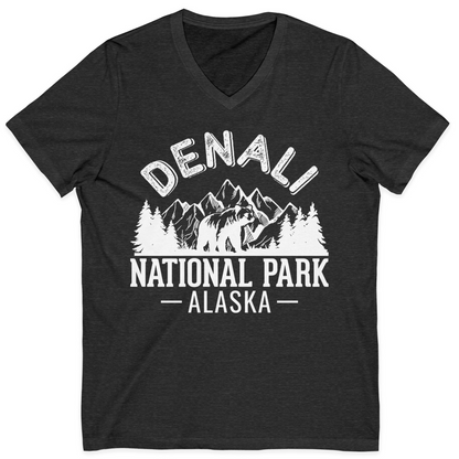 Denali National Park Bear Mountains Vintage Alaska Nature Shirt — V-Neck V-Neck Shirt – Dark Grey Heather – Alaska Cruise Shirts