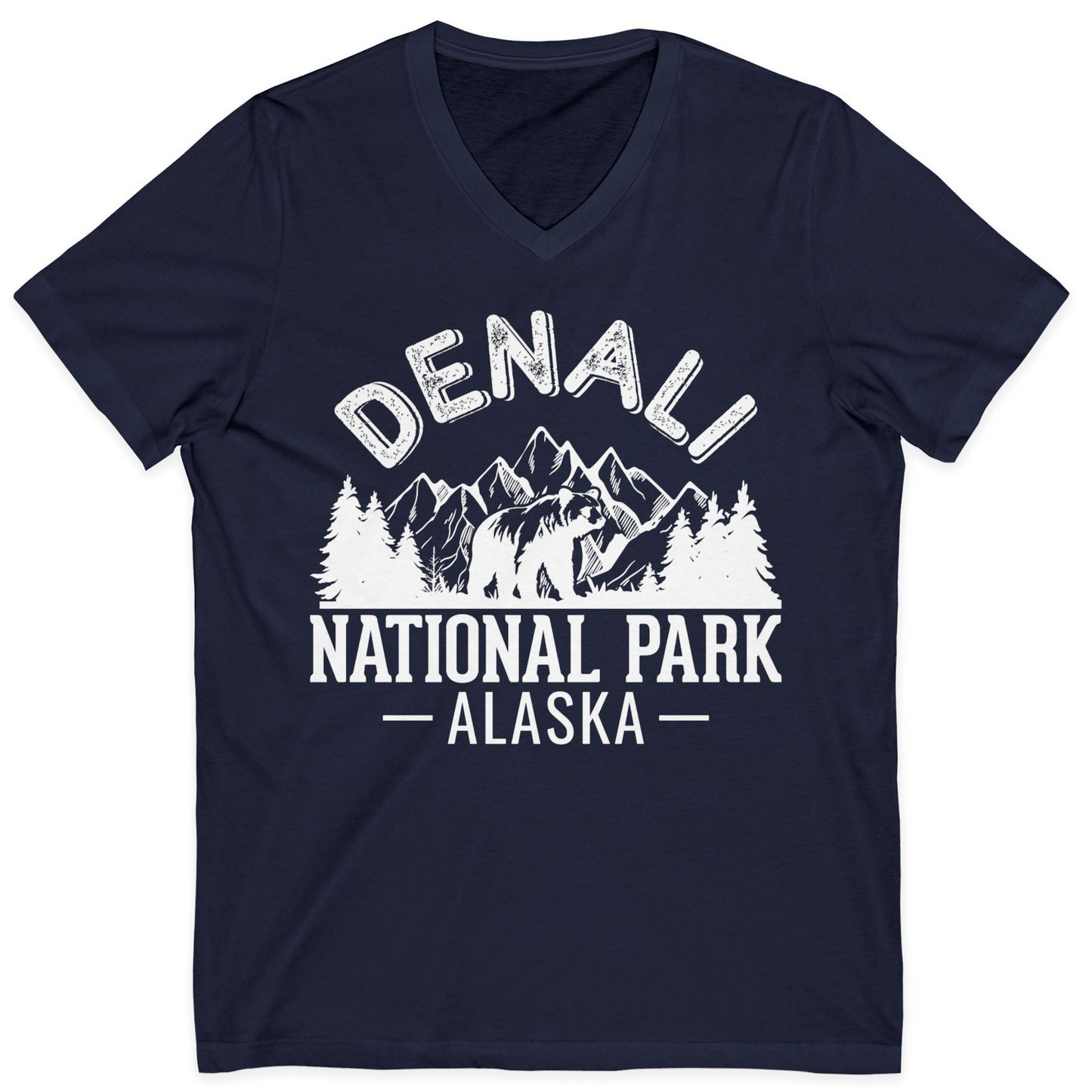 Denali National Park Bear Mountains Vintage Alaska Nature Shirt — V-Neck V-Neck Shirt – Navy – Alaska Cruise Shirts