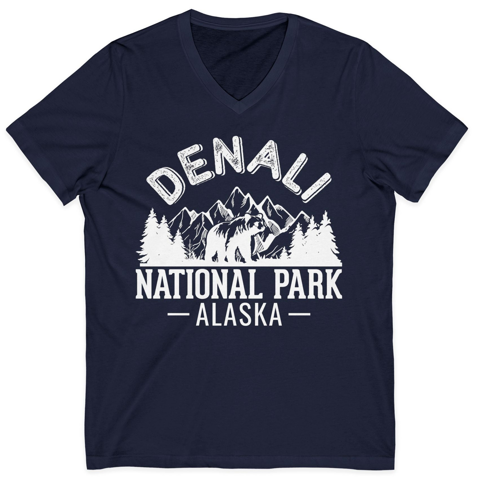 Denali National Park Bear Mountains Vintage Alaska Nature Shirt — V-Neck V-Neck Shirt – Navy – Alaska Cruise Shirts