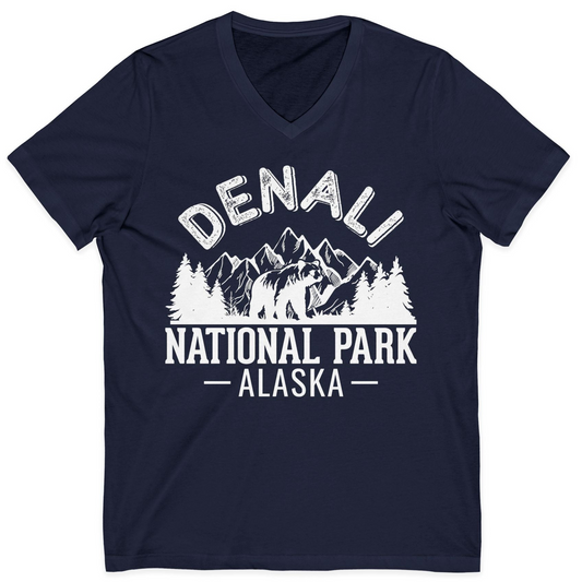 Denali National Park Bear Mountains Vintage Alaska Nature Shirt — V-Neck V-Neck Shirt – Navy – Alaska Cruise Shirts