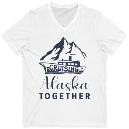 Cruising Alaska Together Mountains and Ship Family Cruise Shirt — V-Neck V-Neck Shirt – White – Alaska Cruise Shirts