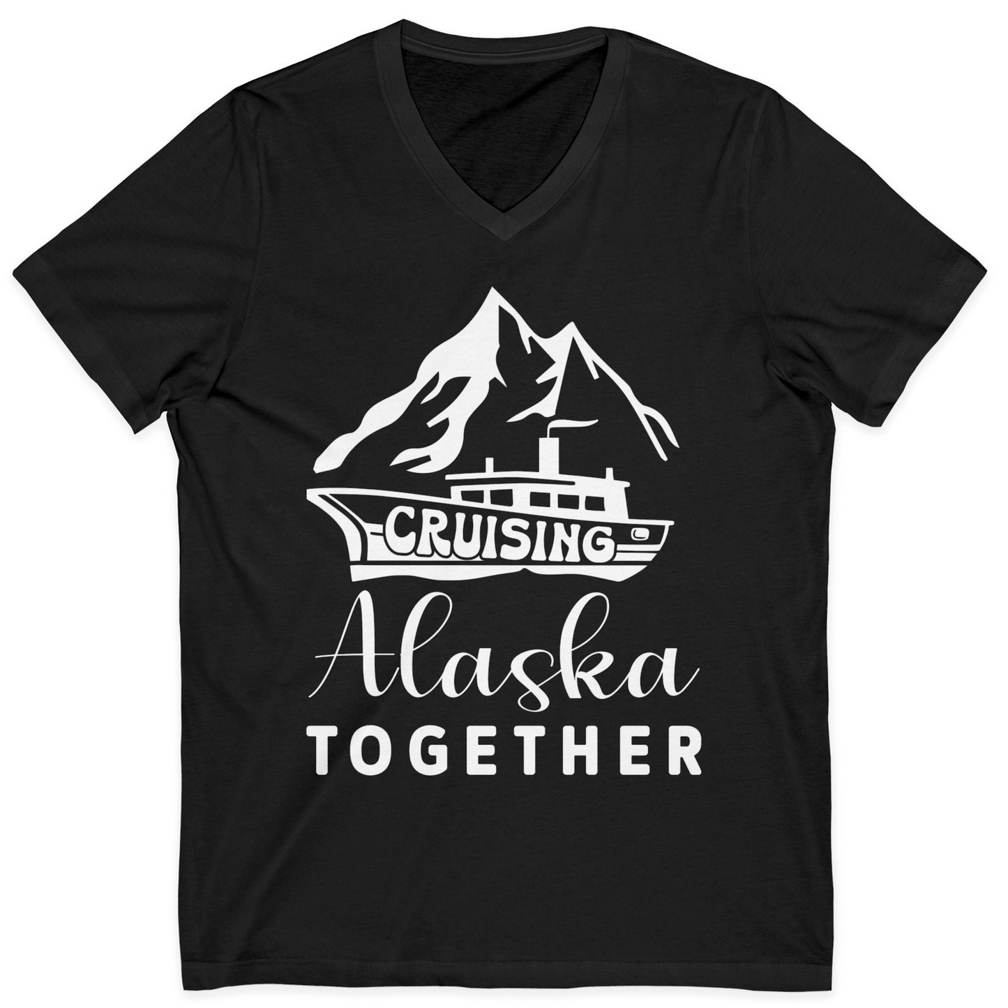 Cruising Alaska Together Mountains and Ship Family Cruise Shirt — V-Neck V-Neck Shirt – Black – Alaska Cruise Shirts