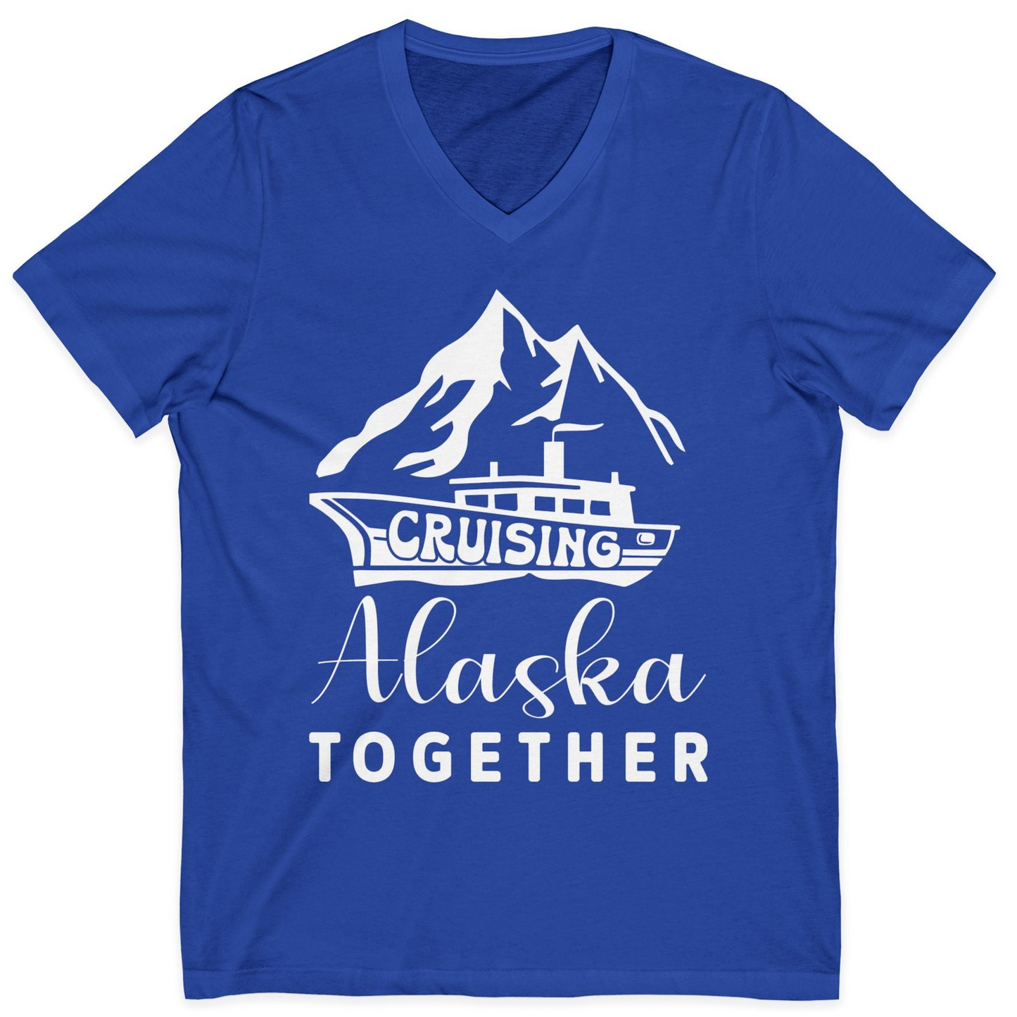 Cruising Alaska Together Mountains and Ship Family Cruise Shirt — V-Neck V-Neck Shirt – True Royal – Alaska Cruise Shirts