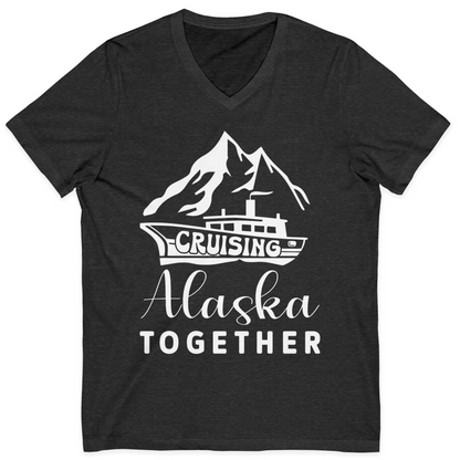 Cruising Alaska Together Mountains and Ship Family Cruise Shirt — V-Neck V-Neck Shirt – Dark Grey Heather – Alaska Cruise Shirts