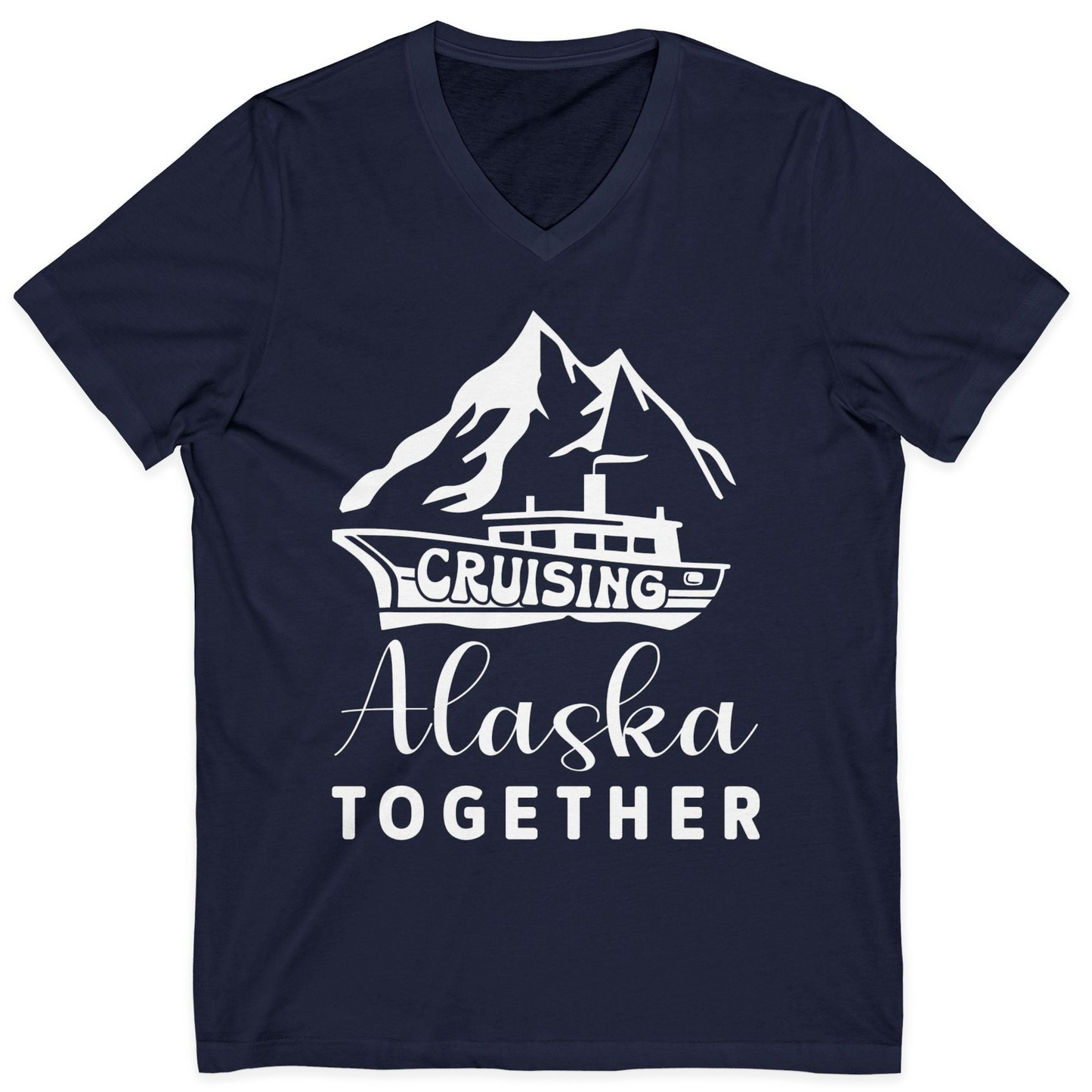 Cruising Alaska Together Mountains and Ship Family Cruise Shirt — V-Neck V-Neck Shirt – Navy – Alaska Cruise Shirts