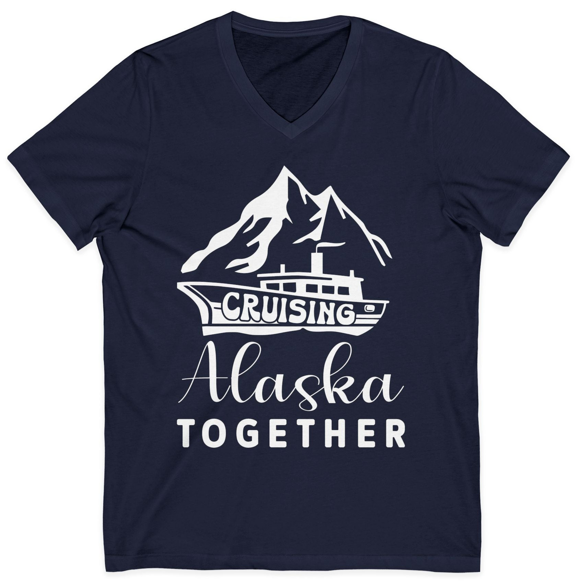 Cruising Alaska Together Mountains and Ship Family Cruise Shirt — V-Neck V-Neck Shirt – Navy – Alaska Cruise Shirts