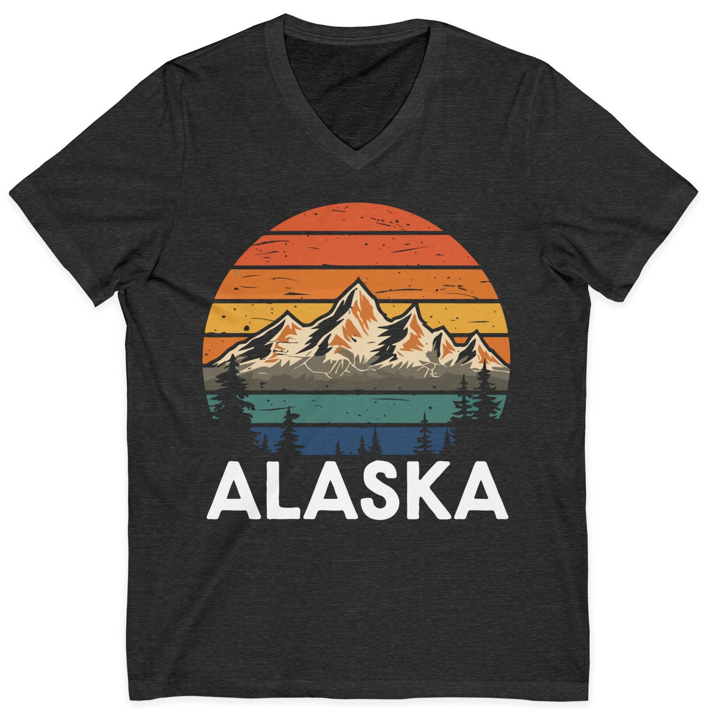 Retro Alaska Mountain Scenery Shirt V-Neck Shirt – Dark Grey Heather – Alaska Cruise Shirts