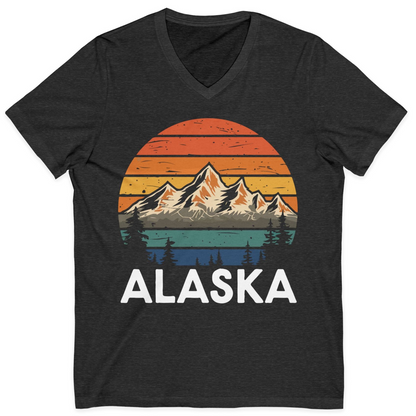 Retro Alaska Mountain Scenery Shirt V-Neck Shirt – Dark Grey Heather – Alaska Cruise Shirts