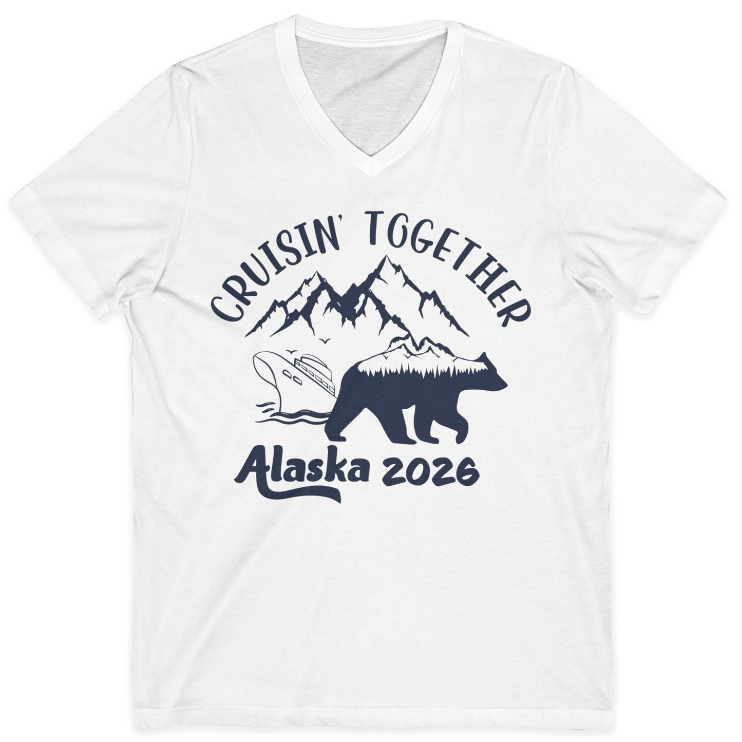 Cruisin Together Alaska 2026 Bear Mountain Group Cruise Shirt — V-Neck V-Neck Shirt – White – Alaska Cruise Shirts