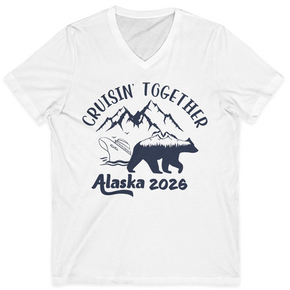 Cruisin Together Alaska 2026 Bear Mountain Group Cruise Shirt — V-Neck V-Neck Shirt – White – Alaska Cruise Shirts