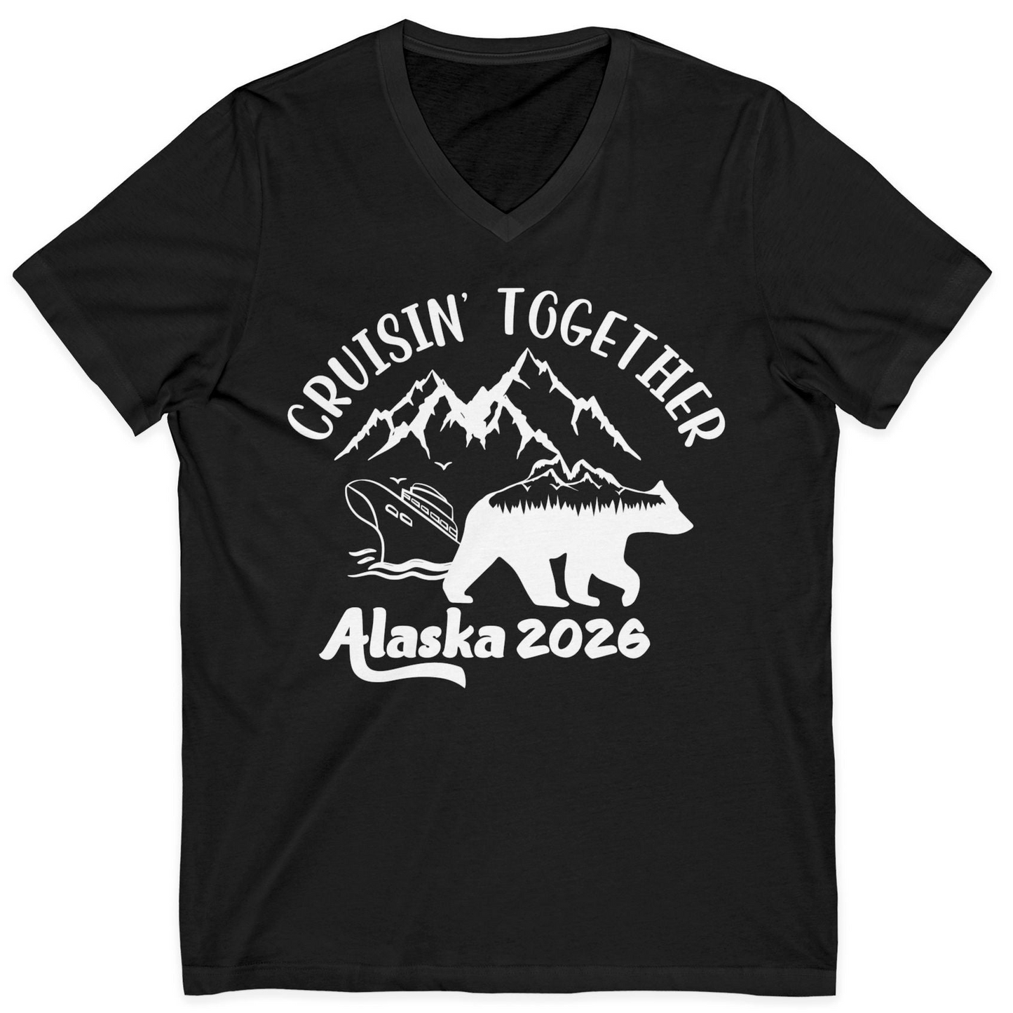 Cruisin Together Alaska 2026 Bear Mountain Group Cruise Shirt — V-Neck V-Neck Shirt – Black – Alaska Cruise Shirts