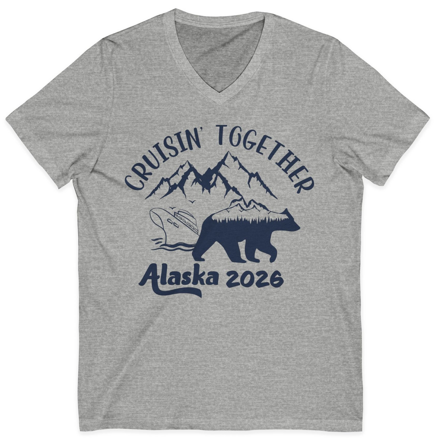 Cruisin Together Alaska 2026 Bear Mountain Group Cruise Shirt — V-Neck V-Neck Shirt – Athletic Heather – Alaska Cruise Shirts