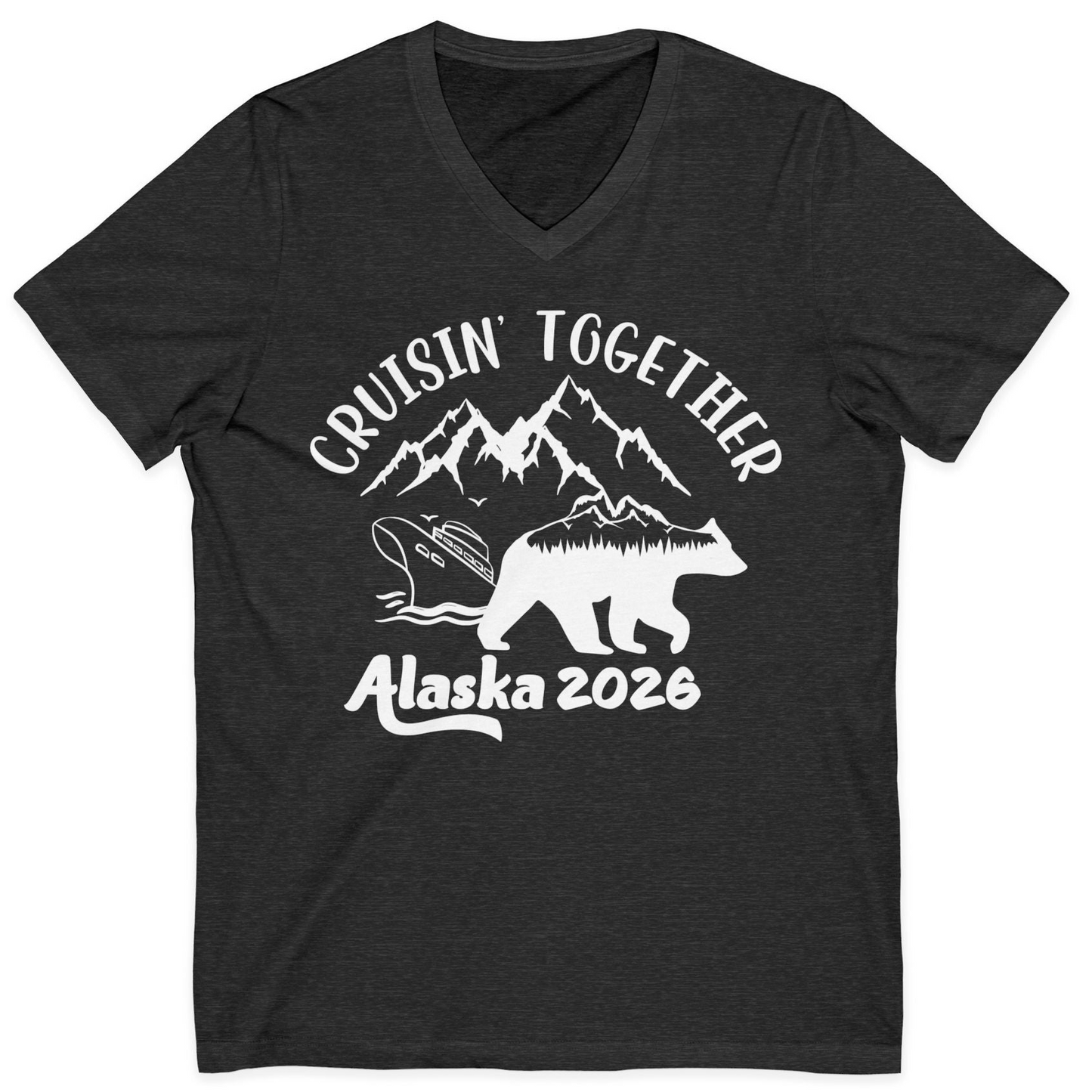 Cruisin Together Alaska 2026 Bear Mountain Group Cruise Shirt — V-Neck V-Neck Shirt – Dark Grey Heather – Alaska Cruise Shirts