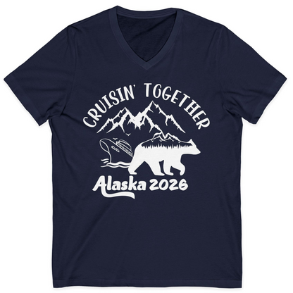 Cruisin Together Alaska 2026 Bear Mountain Group Cruise Shirt — V-Neck V-Neck Shirt – Navy – Alaska Cruise Shirts