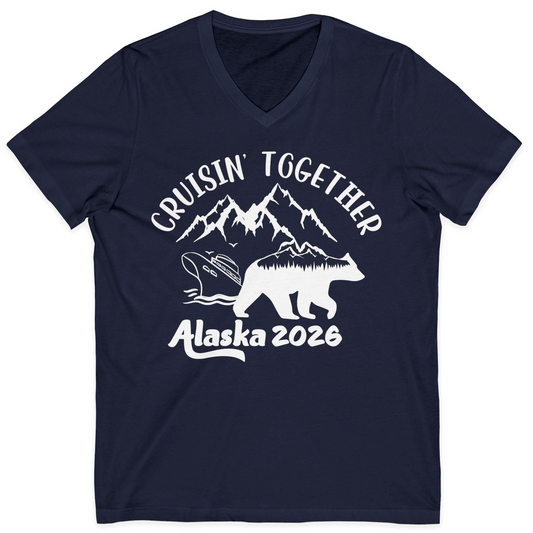 Cruisin Together Alaska 2026 Bear Mountain Group Cruise Shirt — V-Neck V-Neck Shirt – Navy – Alaska Cruise Shirts