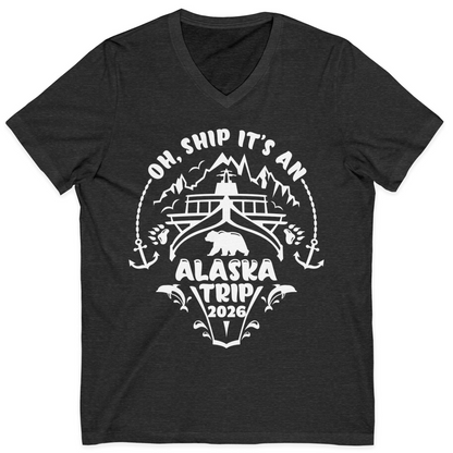 Oh Ship It’s an Alaska Trip 2026 Cruise and Wildlife Shirt — V-Neck V-Neck Shirt – Dark Grey Heather – Alaska Cruise Shirts