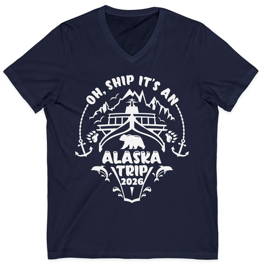 Oh Ship It’s an Alaska Trip 2026 Cruise and Wildlife Shirt — V-Neck V-Neck Shirt – Navy – Alaska Cruise Shirts