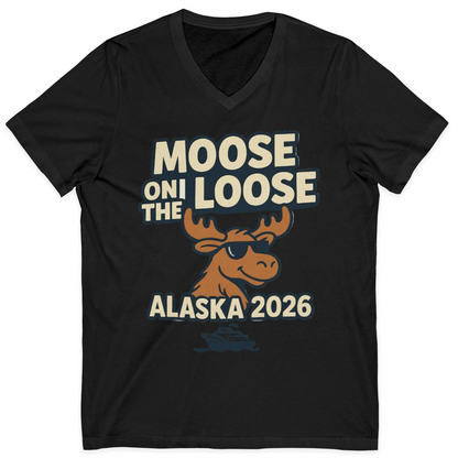 Moose on the Loose Alaska 2026 Cruise Cartoon Funny Shirt — V-Neck V-Neck Shirt – Black – Alaska Cruise Shirts
