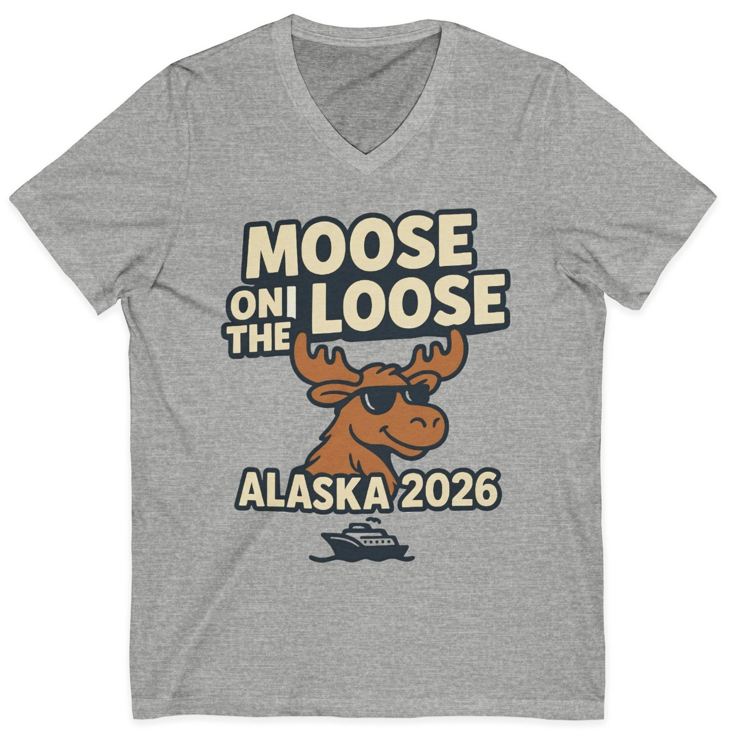 Moose on the Loose Alaska 2026 Cruise Cartoon Funny Shirt — V-Neck V-Neck Shirt – Athletic Heather – Alaska Cruise Shirts