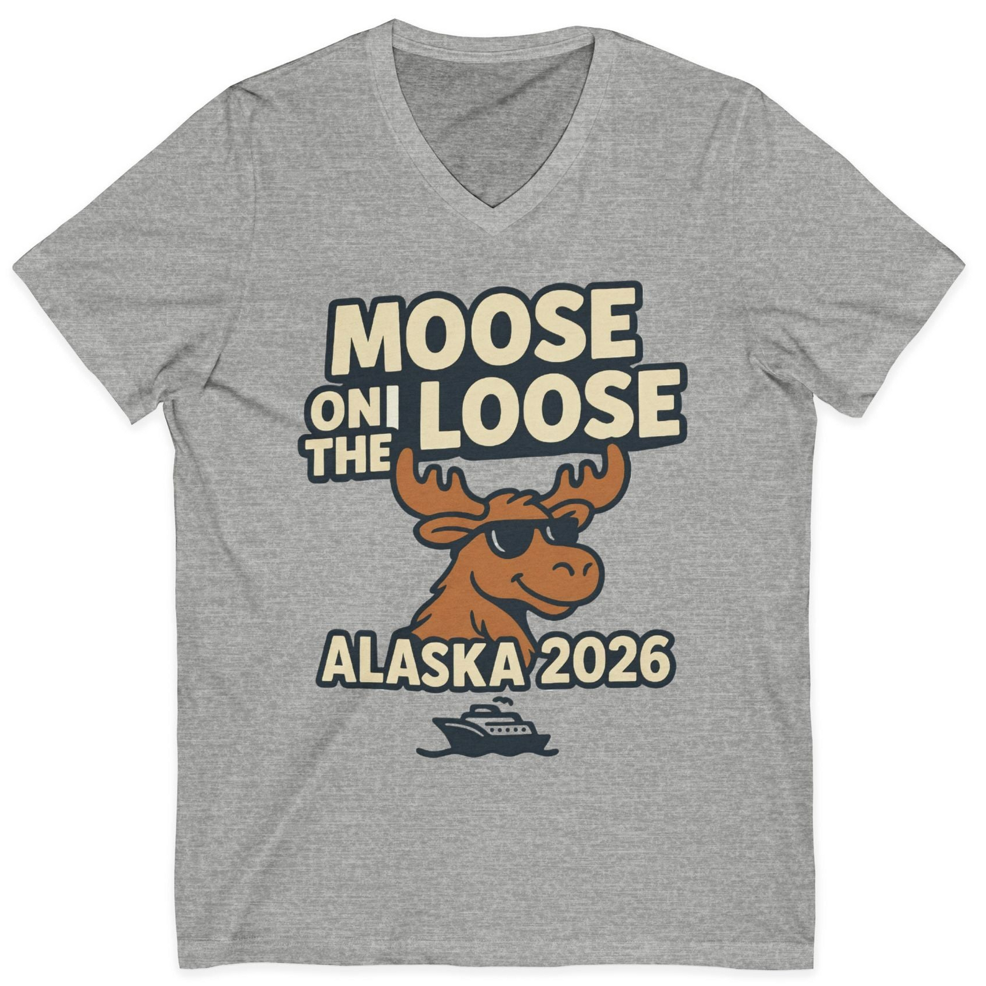 Moose on the Loose Alaska 2026 Cruise Cartoon Funny Shirt — V-Neck V-Neck Shirt – Athletic Heather – Alaska Cruise Shirts