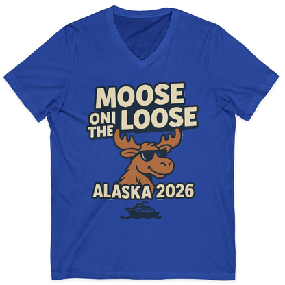 Moose on the Loose Alaska 2026 Cruise Cartoon Funny Shirt — V-Neck V-Neck Shirt – True Royal – Alaska Cruise Shirts