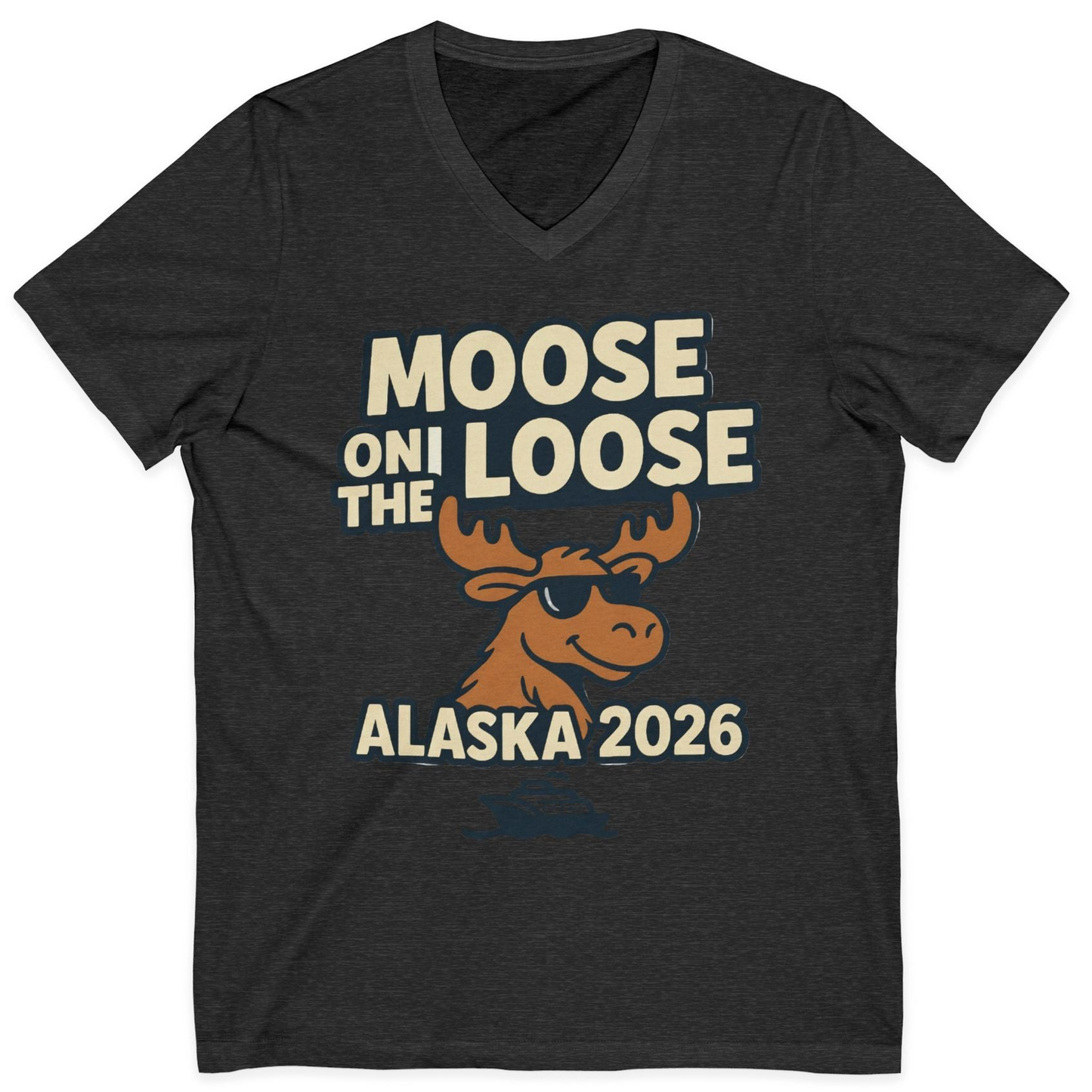 Moose on the Loose Alaska 2026 Cruise Cartoon Funny Shirt — V-Neck V-Neck Shirt – Dark Grey Heather – Alaska Cruise Shirts
