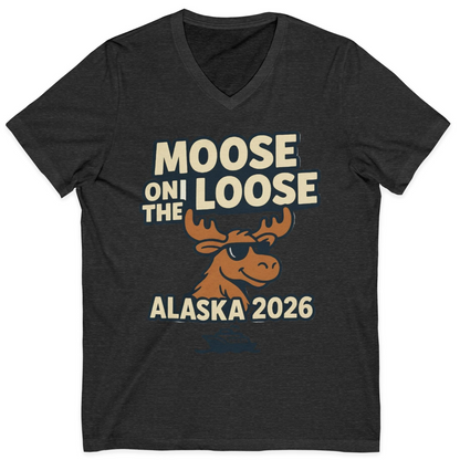 Moose on the Loose Alaska 2026 Cruise Cartoon Funny Shirt — V-Neck V-Neck Shirt – Dark Grey Heather – Alaska Cruise Shirts