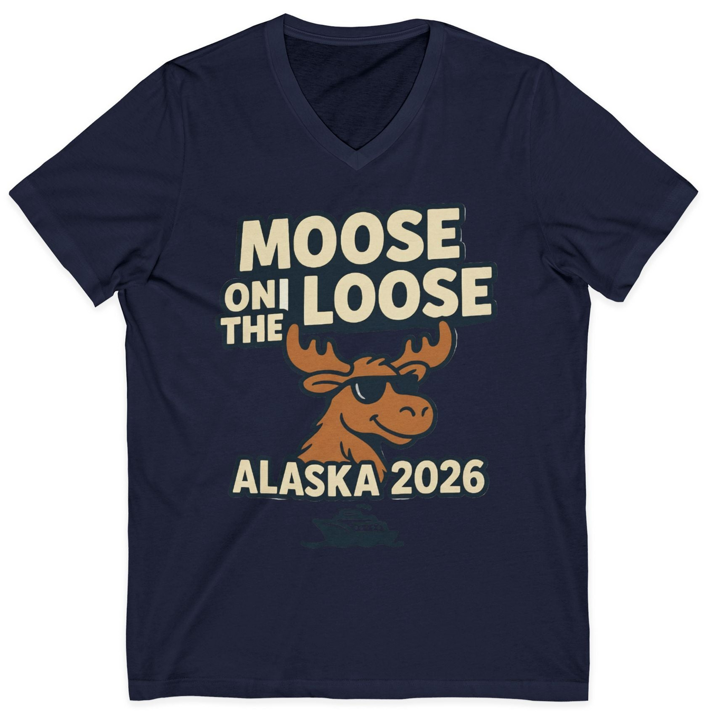 Moose on the Loose Alaska 2026 Cruise Cartoon Funny Shirt — V-Neck V-Neck Shirt – Navy – Alaska Cruise Shirts