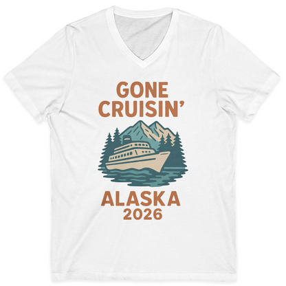 Gone Cruisin Alaska 2026 Retro Cruise Ship Nature Scenery Shirt — V-Neck V-Neck Shirt – White – Alaska Cruise Shirts