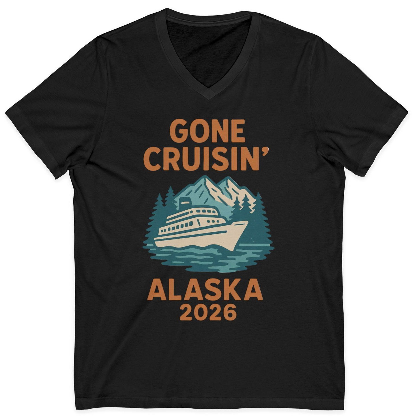 Gone Cruisin Alaska 2026 Retro Cruise Ship Nature Scenery Shirt — V-Neck V-Neck Shirt – Black – Alaska Cruise Shirts