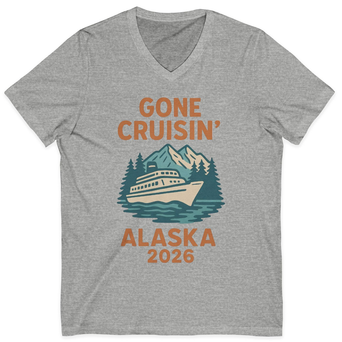 Gone Cruisin Alaska 2026 Retro Cruise Ship Nature Scenery Shirt — V-Neck V-Neck Shirt – Athletic Heather – Alaska Cruise Shirts