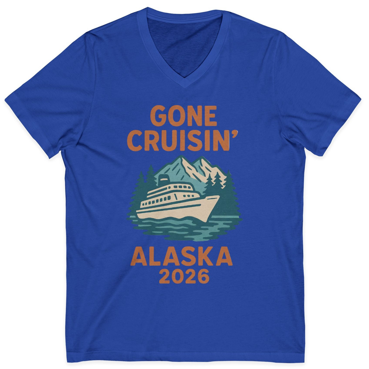 Gone Cruisin Alaska 2026 Retro Cruise Ship Nature Scenery Shirt — V-Neck V-Neck Shirt – True Royal – Alaska Cruise Shirts