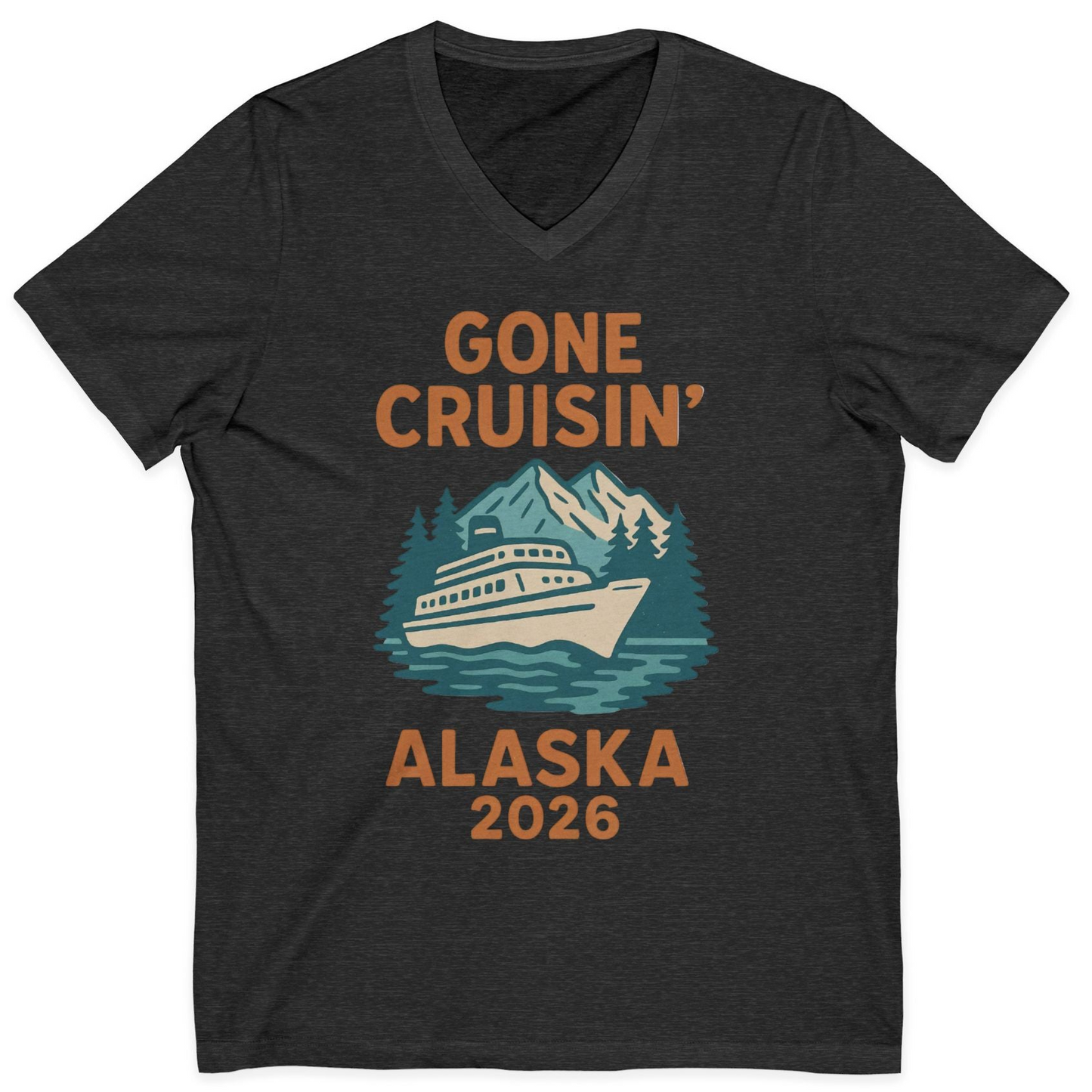 Gone Cruisin Alaska 2026 Retro Cruise Ship Nature Scenery Shirt — V-Neck V-Neck Shirt – Dark Grey Heather – Alaska Cruise Shirts