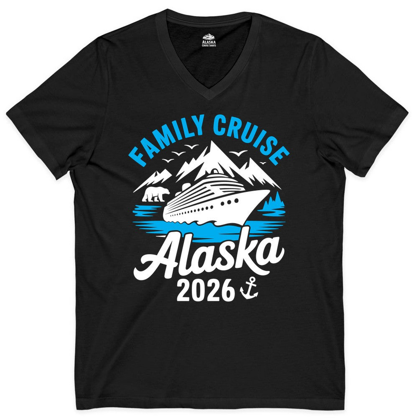 Alaska Family Cruise Shirt 2026 Mountains Wildlife Adventure Tee — V-Neck V-Neck Shirt – Black – Alaska Cruise Shirts