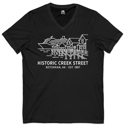 Ketchikan Creek Street Alaska Waterfront and Cruise Ship Shirt — V-Neck V-Neck Shirt – Black – Alaska Cruise Shirts